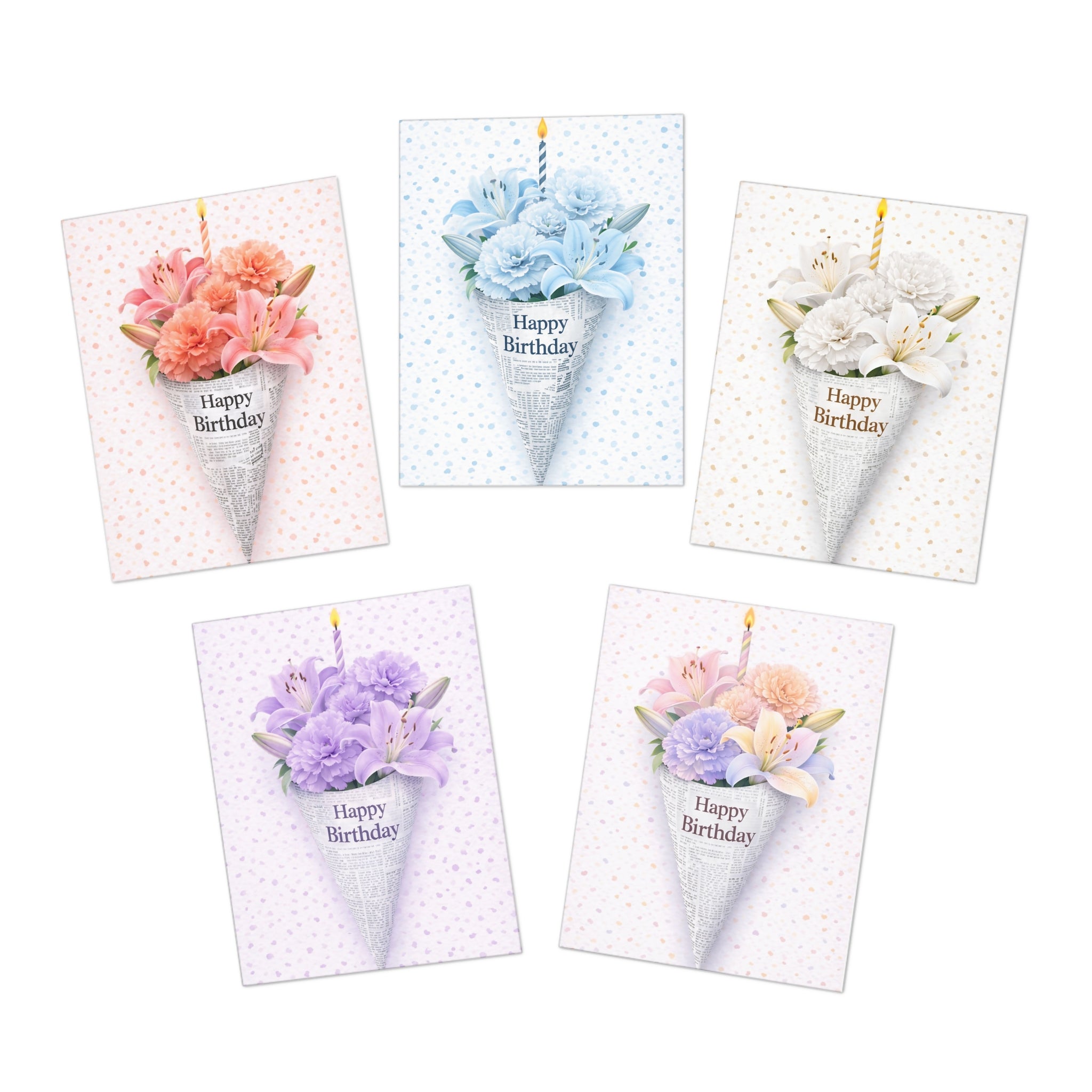 Elegant Birthday Cards Set of 5 | Soft Floral Bouquet Designs | Pastel Neutral Confetti Greeting Cards for Her, Friend