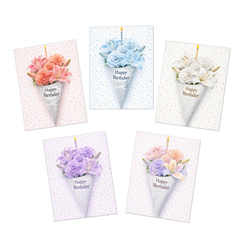 Elegant Birthday Cards Set of 5 | Soft Floral Bouquet Designs | Pastel Neutral Confetti Greeting Cards for Her, Friend