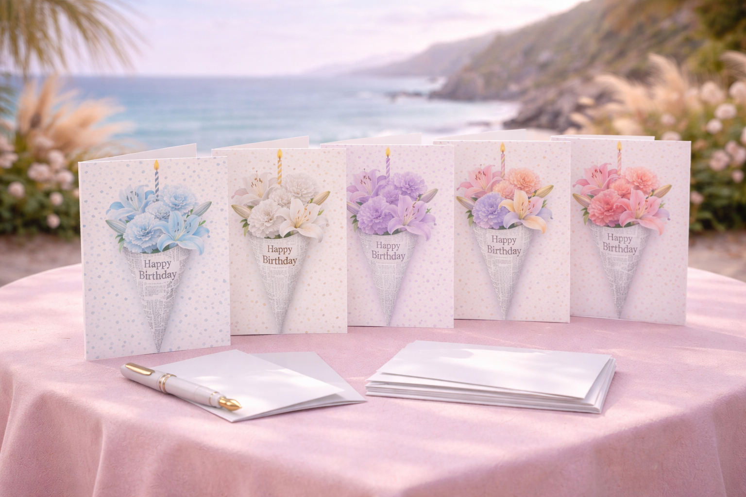 Elegant Birthday Cards Set of 5 | Soft Floral Bouquet Designs | Pastel Neutral Confetti Greeting Cards for Her, Friend