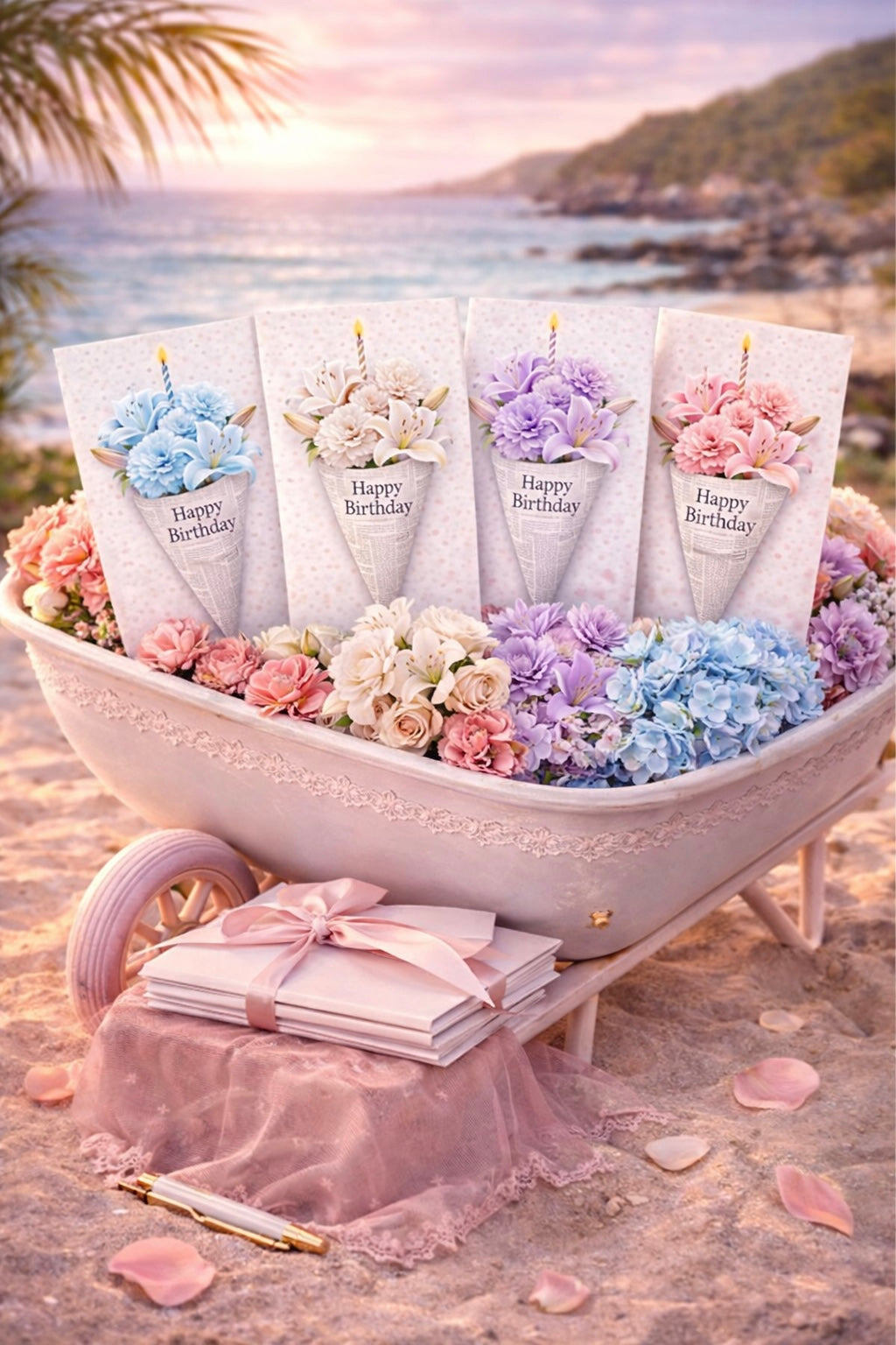 Elegant Birthday Cards Set of 5 | Soft Floral Bouquet Designs | Pastel Neutral Confetti Greeting Cards for Her, Friend