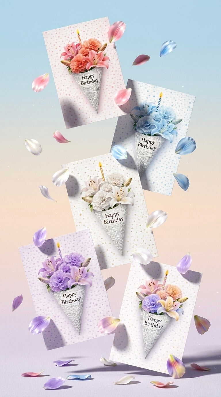 Elegant Birthday Cards Set of 5 | Soft Floral Bouquet Designs | Pastel Neutral Confetti Greeting Cards for Her, Friend