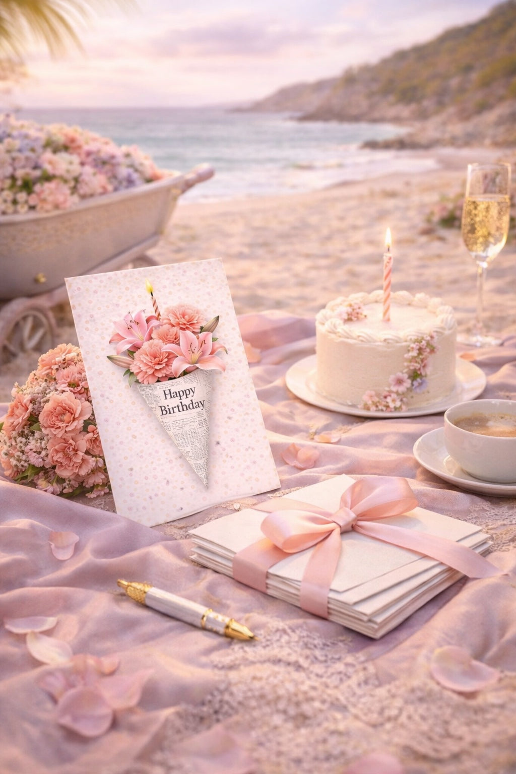 Elegant Birthday Cards Set of 5 | Soft Floral Bouquet Designs | Pastel Neutral Confetti Greeting Cards for Her, Friend